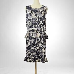 Kate Young SZ 12 Sleeveless Cocktail Dress Peplum Ruffles Roses Black Gray White